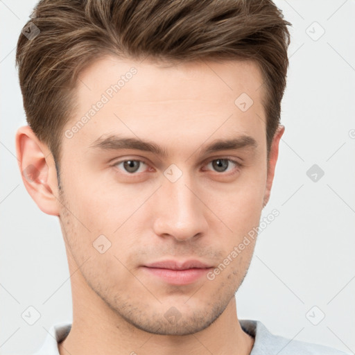 Neutral white young-adult male with short  brown hair and brown eyes