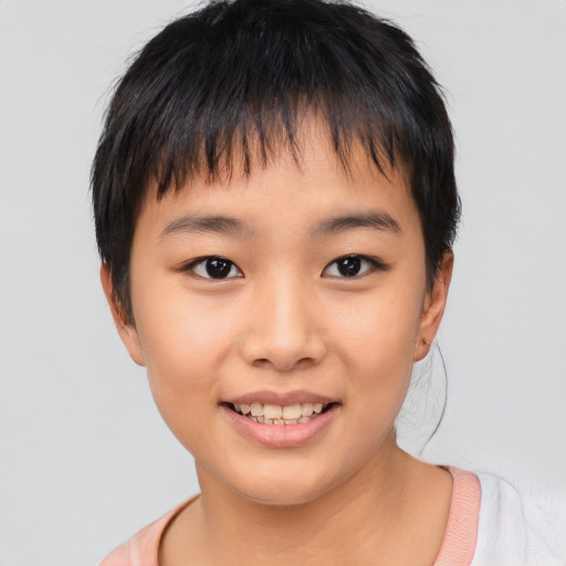 Joyful asian child female with short  brown hair and brown eyes