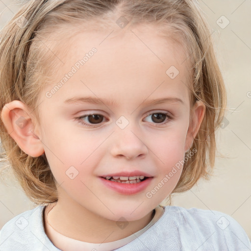 Joyful white child female with medium  brown hair and blue eyes