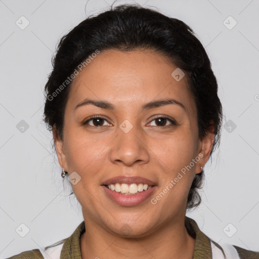 Joyful latino young-adult female with medium  brown hair and brown eyes