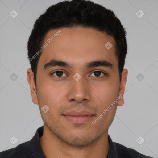 Neutral latino young-adult male with short  brown hair and brown eyes
