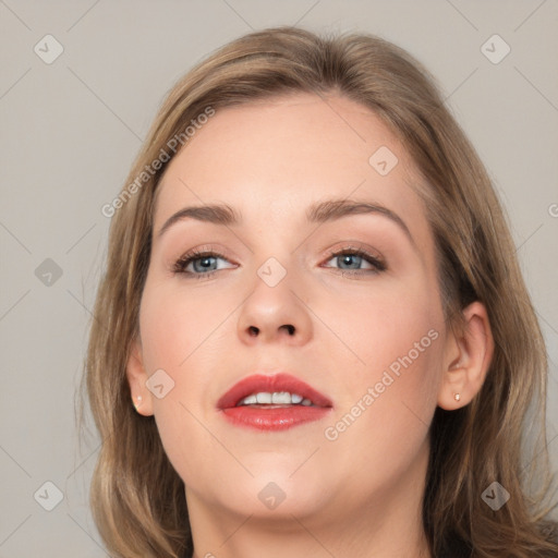 Neutral white young-adult female with medium  brown hair and grey eyes