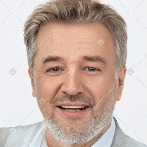 Joyful white middle-aged male with short  brown hair and brown eyes