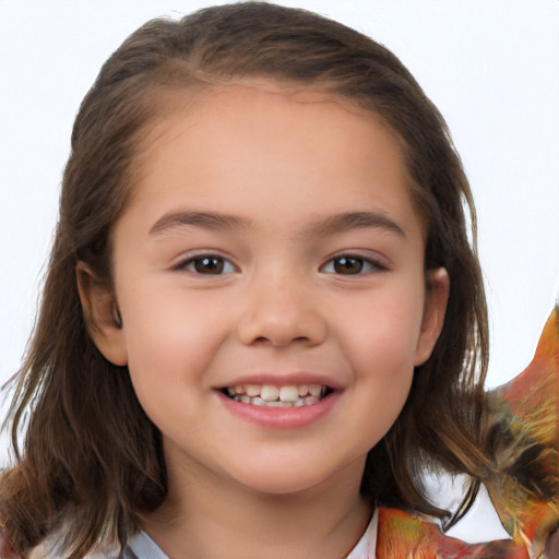 Joyful white child female with medium  brown hair and brown eyes