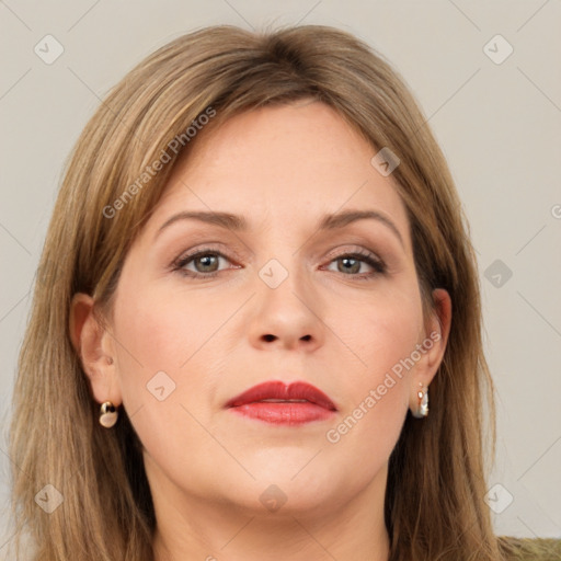 Neutral white young-adult female with long  brown hair and grey eyes