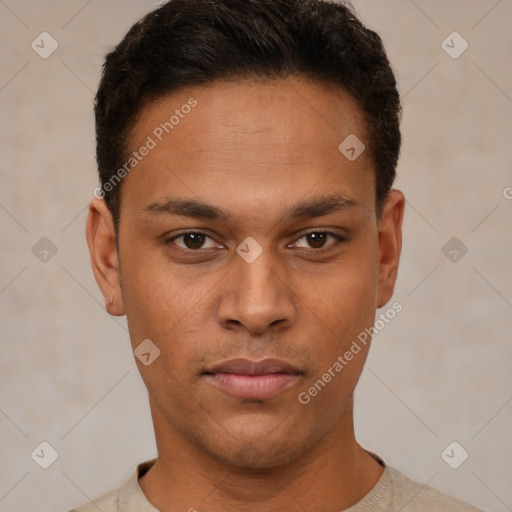 Neutral latino young-adult male with short  black hair and brown eyes