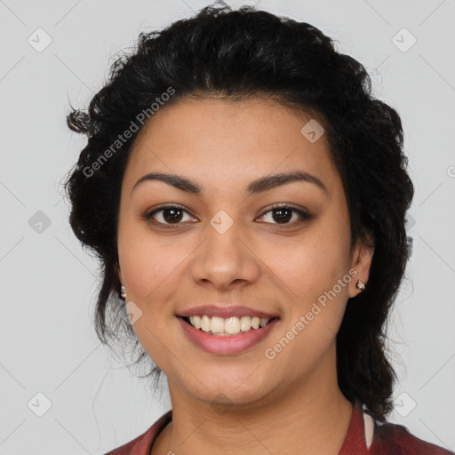 Joyful latino young-adult female with medium  black hair and brown eyes