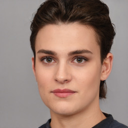 Neutral white young-adult female with short  brown hair and brown eyes