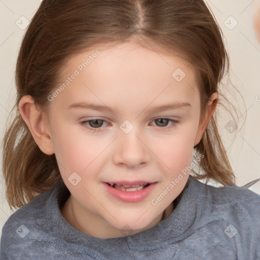 Joyful white child female with medium  brown hair and brown eyes