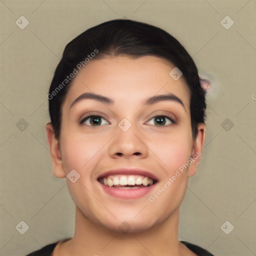 Joyful white young-adult female with short  black hair and brown eyes