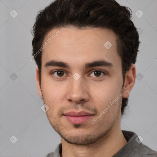 Neutral white young-adult male with short  brown hair and brown eyes