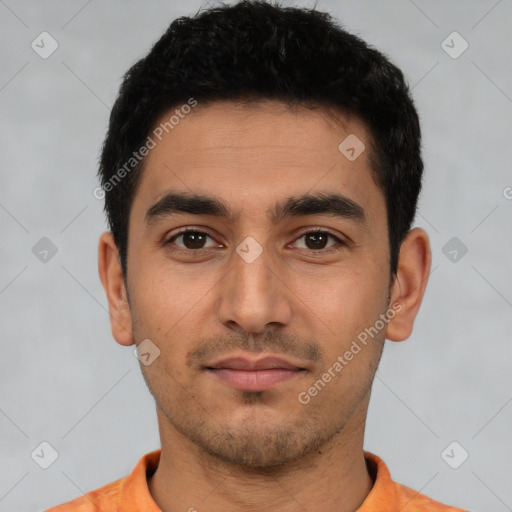 Neutral latino young-adult male with short  black hair and brown eyes