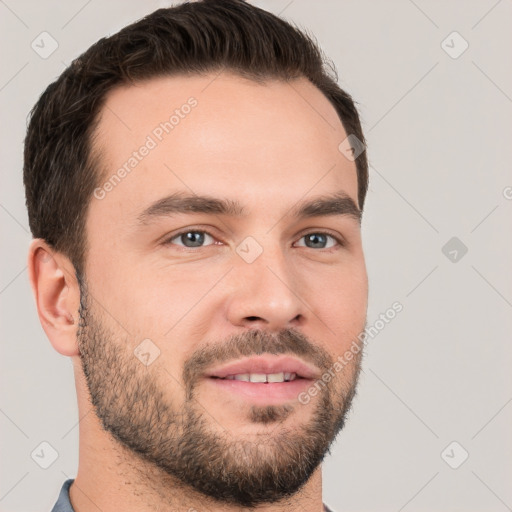 Neutral white young-adult male with short  brown hair and brown eyes