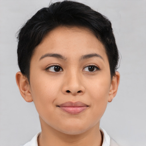 Joyful asian young-adult female with short  brown hair and brown eyes