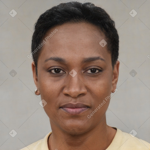 Joyful latino young-adult female with short  black hair and brown eyes