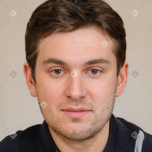 Neutral white young-adult male with short  brown hair and brown eyes