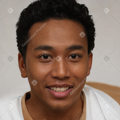 Joyful latino young-adult male with short  brown hair and brown eyes