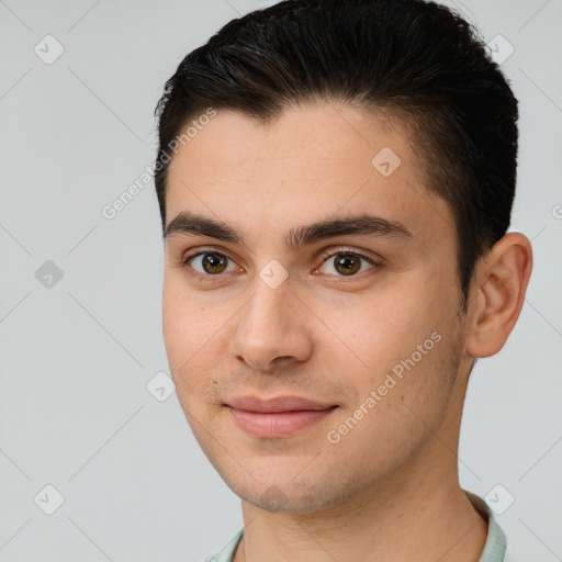 Joyful white young-adult male with short  brown hair and brown eyes