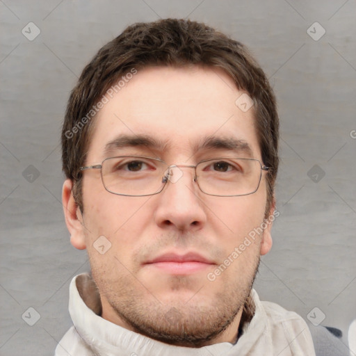 Neutral white adult male with short  brown hair and brown eyes