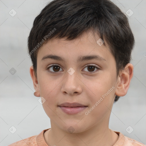 Joyful white child male with short  brown hair and brown eyes