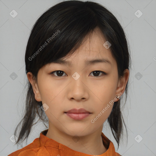 Neutral asian young-adult female with medium  brown hair and brown eyes