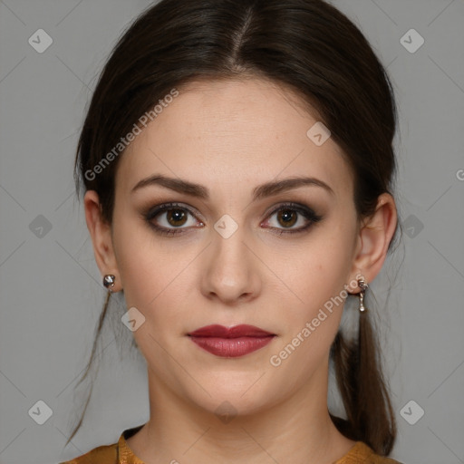 Neutral white young-adult female with medium  brown hair and brown eyes