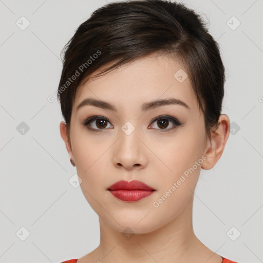 Neutral white young-adult female with short  brown hair and brown eyes