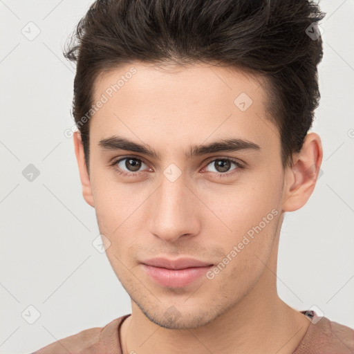 Neutral white young-adult male with short  brown hair and brown eyes