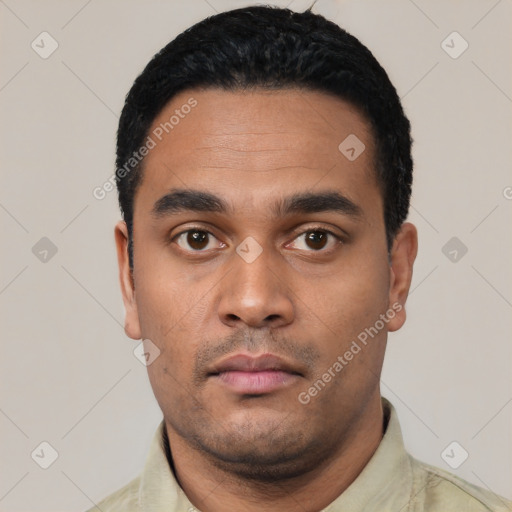 Neutral latino young-adult male with short  black hair and brown eyes