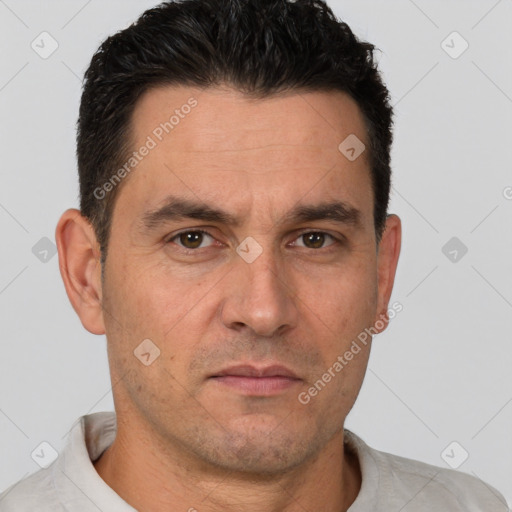 Neutral white adult male with short  brown hair and brown eyes