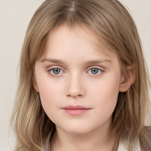 Neutral white child female with medium  brown hair and grey eyes