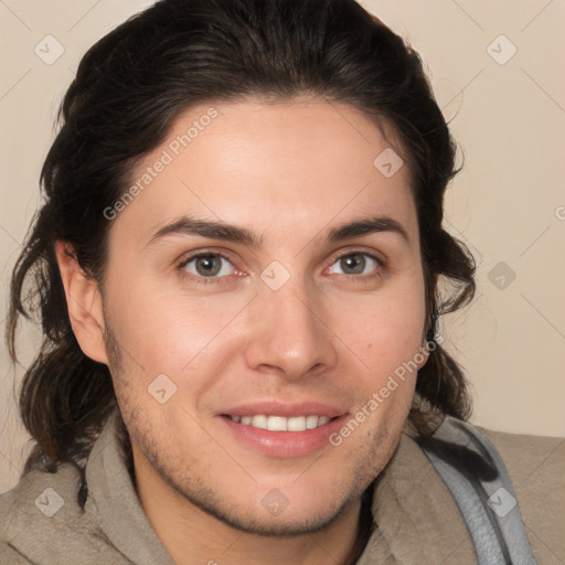 Joyful white young-adult male with medium  brown hair and brown eyes