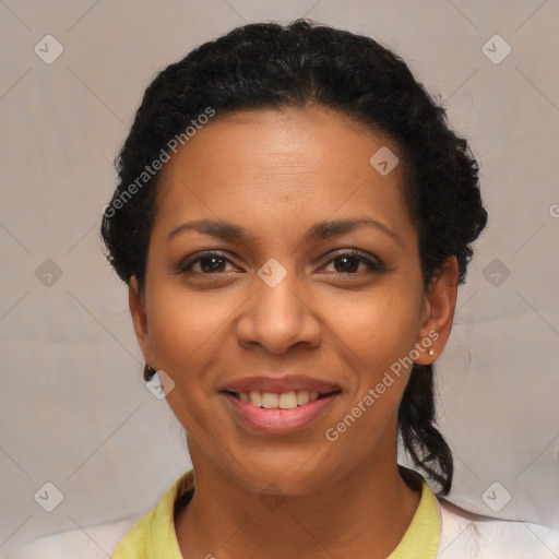 Joyful latino young-adult female with short  black hair and brown eyes