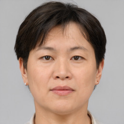Neutral asian adult female with short  brown hair and brown eyes