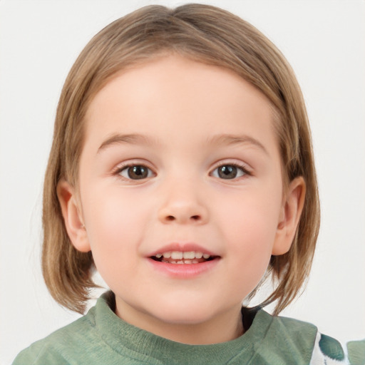 Joyful white child female with medium  brown hair and grey eyes