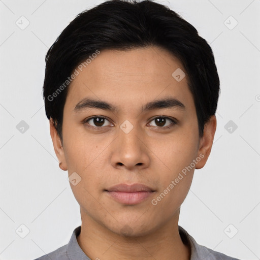 Neutral asian young-adult male with short  black hair and brown eyes