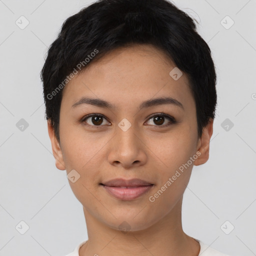 Joyful asian young-adult female with short  black hair and brown eyes