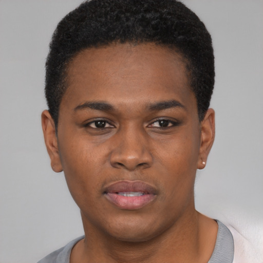 Neutral black young-adult male with short  black hair and brown eyes