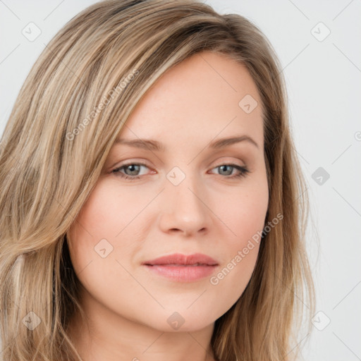 Joyful white young-adult female with long  brown hair and green eyes