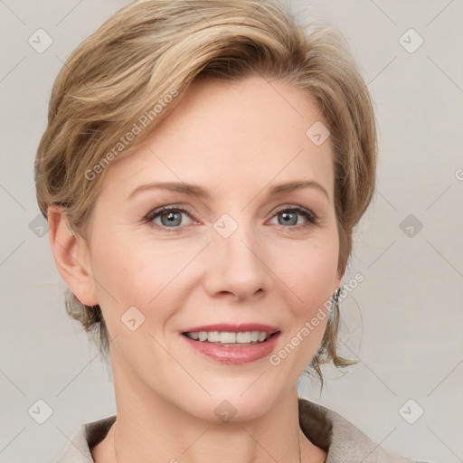 Joyful white young-adult female with medium  brown hair and blue eyes