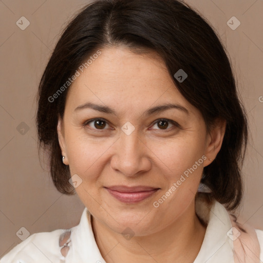 Joyful white adult female with medium  brown hair and brown eyes