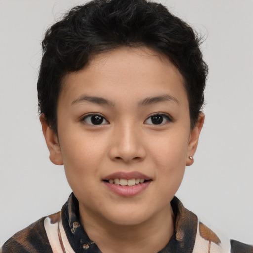 Joyful asian child female with short  brown hair and brown eyes