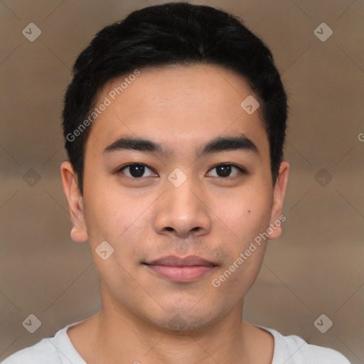 Neutral asian young-adult male with short  black hair and brown eyes