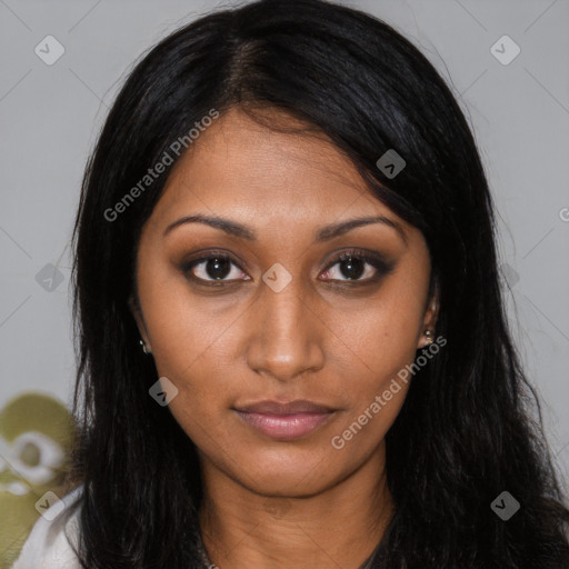 Joyful asian young-adult female with long  black hair and brown eyes