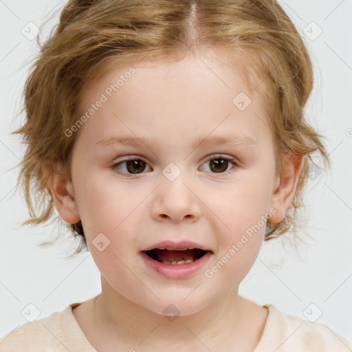 Joyful white child female with medium  brown hair and brown eyes