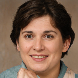 Joyful white adult female with medium  brown hair and brown eyes