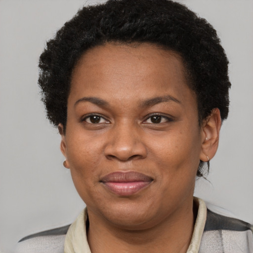 Joyful black adult female with short  brown hair and brown eyes