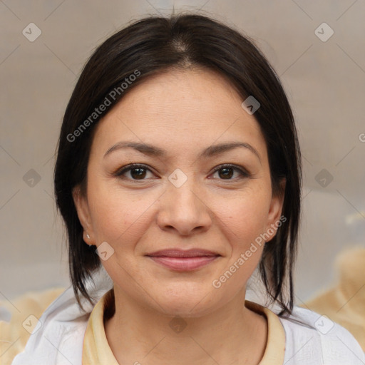 Joyful white young-adult female with medium  brown hair and brown eyes