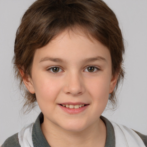 Joyful white child female with medium  brown hair and brown eyes