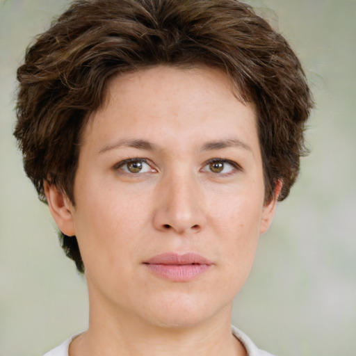 Joyful white young-adult female with short  brown hair and green eyes
